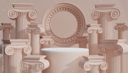 3d luxury podium with roman column for product background podium classic style  for show cosmetic podructs display case  on background.
