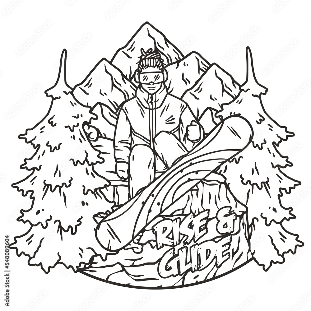 Fototapeta premium A snowboarder descends a snowy mountain. A winter extreme sport. Printable print about snowboarding