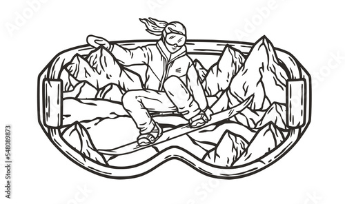 A snowboarder descends a snowy mountain in goggles. A winter extreme sport. Printable print about snowboarding
