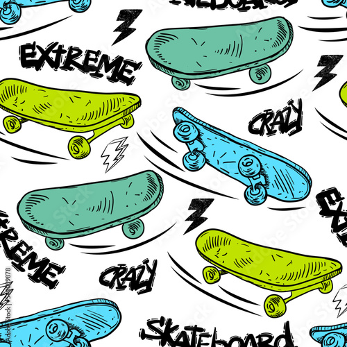 Abstract seamless grunge pattern for boy. Urban style modern background with skateboards. Sport extreme style creative wallpaper for guys.