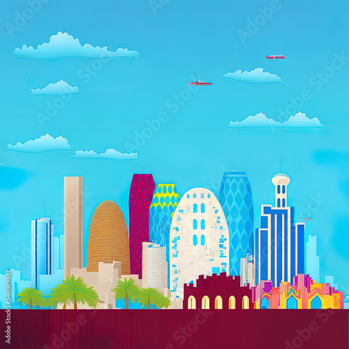 Doha qatar city skyline with color buildings, blue sky and copy space