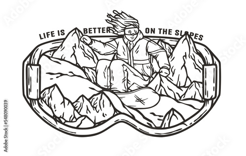 A snowboarder descends a snowy mountain in goggles. A winter extreme sport. Printable print about snowboarding
