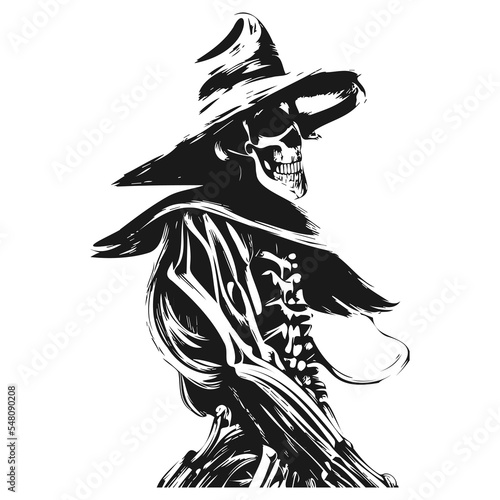 western cowboy skeleton tattoo hand drawn vector black and white clip art