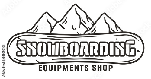 A winter extreme sport. Snowboarding and skiing equipment. Snow mountains. Printable print