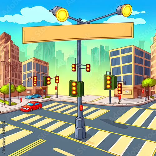 City crossroads with traffic lights, intersection. cartoon illustration of urban highway