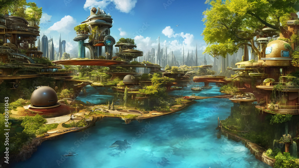 utopia, futuristic city with beautiful buildings along a river Stock