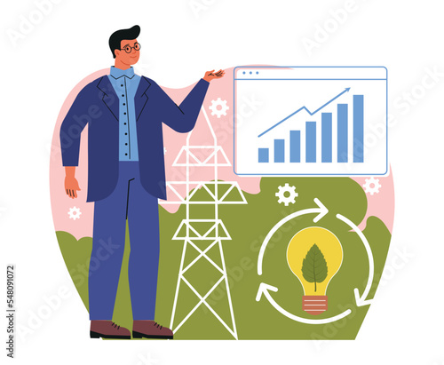 Circular economy concept. Young male ecologist analyzes statistics of sustainable development. Green energy or alternative sources of electricity. Cartoon flat vector illustration in doodle style