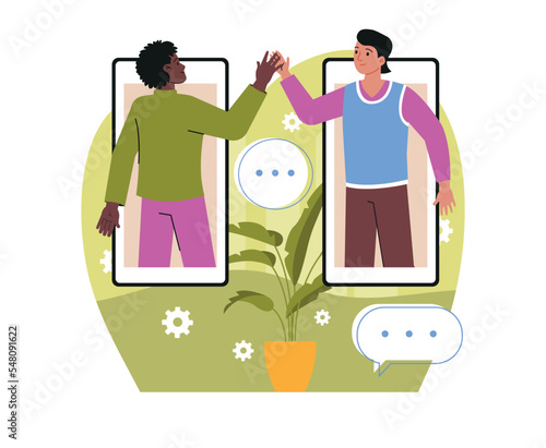 Virtual meeting concept. Happy friends greet each other and communicate in messengers and social networks. Give five. Remote or online conversation. Cartoon flat vector illustration in doodle style
