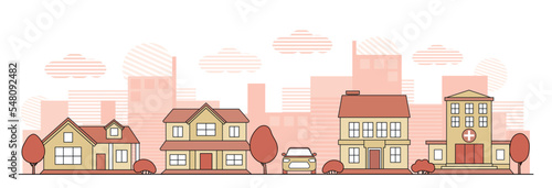 City life concept. Streets and landscape, comfort and coziness. Houses and private property next to car. Panorama and horizontal view. Background or cover for website. Cartoon flat vector illustration