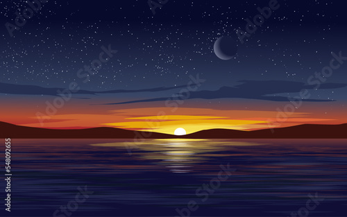 Sunset scenery over ocean with island moon and stars
