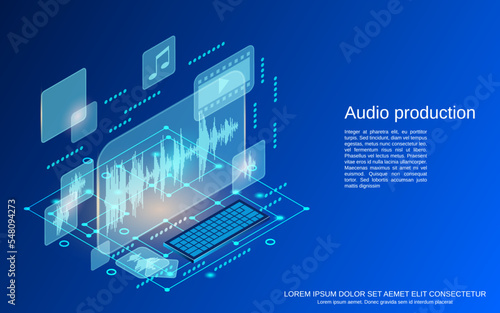 Audio production, sound montage flat 3d isometric vector concept illustration