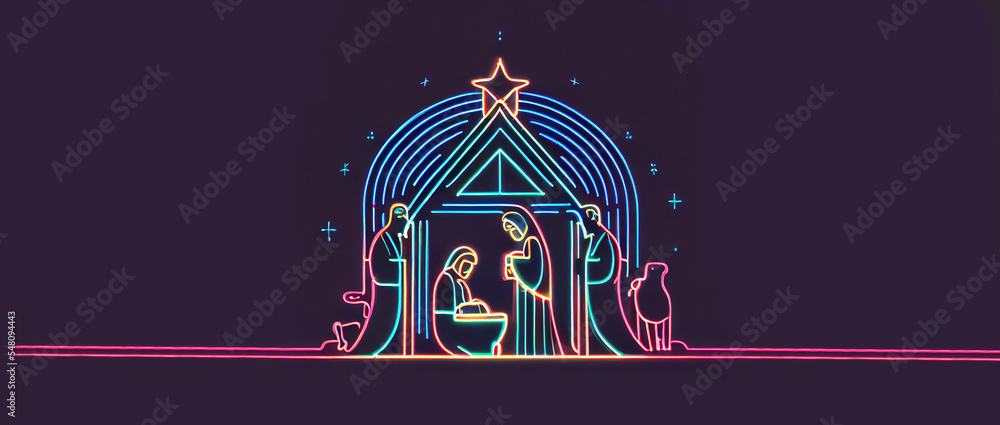 illustration Christmas nativity neon scene of born child baby Jesus Christ in the manger with Joseph and Mary Christmas Nativity Scene banner background Jesus in the Christmas with Mary and Joseph.