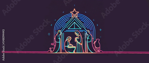 Obraz na płótnie illustration Christmas nativity neon scene of born child baby Jesus Christ in the manger with Joseph and Mary Christmas Nativity Scene banner background Jesus in the Christmas with Mary and Joseph