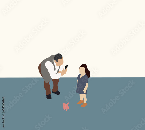 Father taking photo of his daughter play with toy on city street. Travelling with kids concept