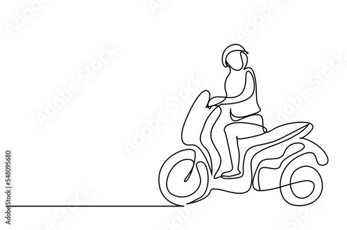young man riding motorcycle motor sitting waiting one line drawing