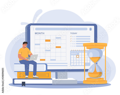 Online time management. Man with laptop makes schedule, plans. Setting goals and motivation, organizing effective workflow. Young guy next to calendar on monitor. Cartoon flat vector illustration
