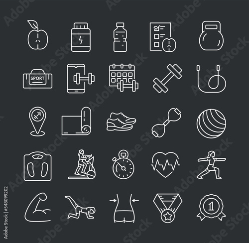 White fitness icons set. Collection of graphic elements for website. Active lifestyle and sports, health care and muscle strengthening. Cartoon flat vector illustrations isolated on black background
