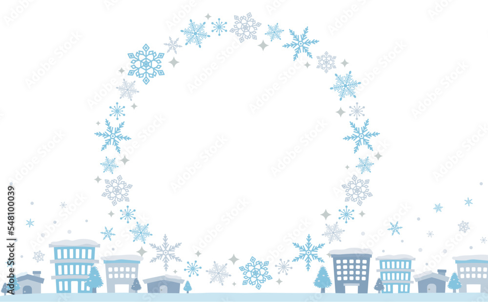 円形の雪の結晶と冬の街並みをあしらったコピースペースのあるフレーム_背景透過文字なし_寒色