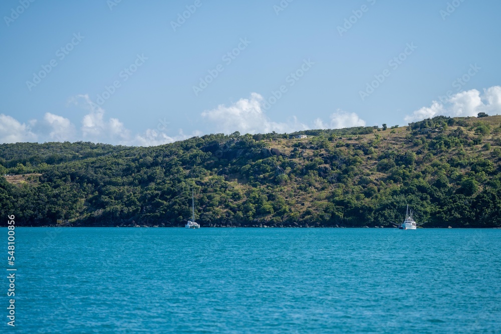 tourist boats and tour boats in the whitsundays queensland, australia. travellers on the great barrier reef, over coral and fish. tourism yachts of young people partying on the water
