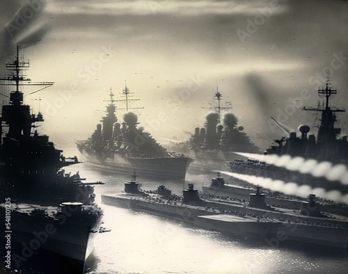 An old-style 3D rendering of a Second World War sea battle between carriers and warships firing missiles in the ocean. photo