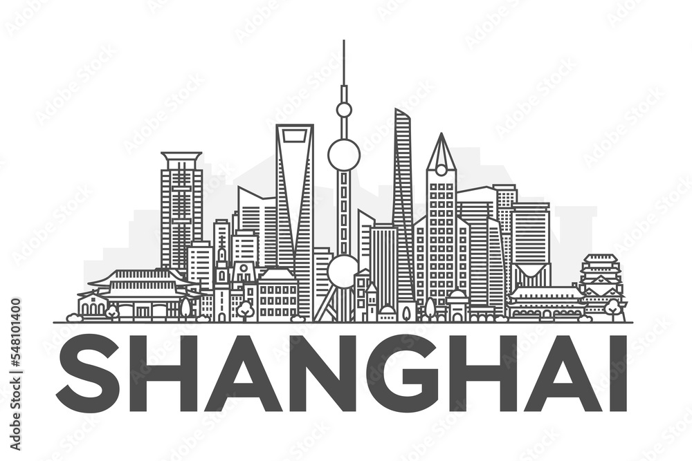 Shanghai, China architecture line skyline illustration. Linear vector cityscape with famous landmarks, city sights, design icons. Landscape with editable strokes.
