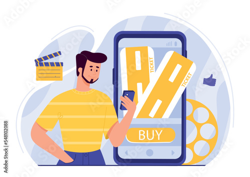 Movie tickets online. Young guy with smartphone purchases tickets, online shopping and cashless payment. Modern technologies and digital world, poster or banner. Cartoon flat vector illustration