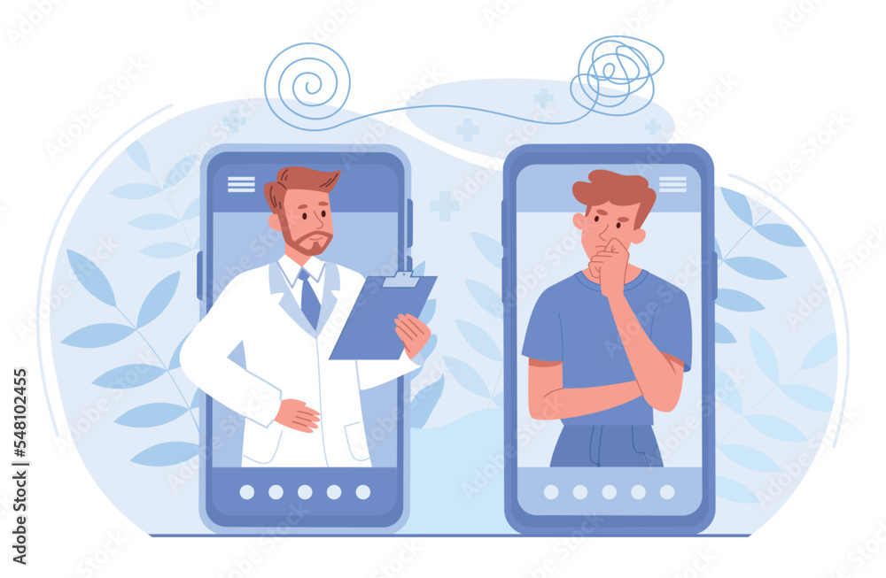 Online psychotherapy concept. Man about to go to doctor, communication of patient with specialist on smartphone. Modern technologies and video call metaphor. Cartoon flat vector illustration Online psychotherapy concept. Man about to go to doctor, communication of patient with specialist on smartphone. Modern technologies and video call metaphor. Cartoon flat vector illustration