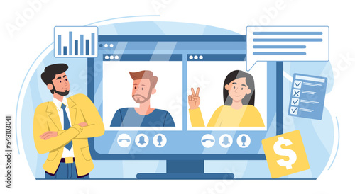 Platform marketing concept. Video conferencing and call, modern technology and digital world. Economics and financial literacy, partnership and collaboration. Cartoon flat vector illustration