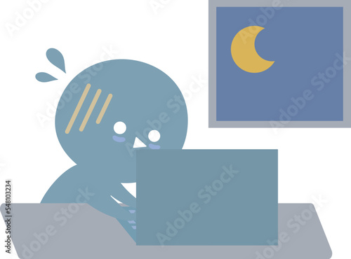 あせりながら夜まで仕事をしているシンプルな人のイラスト