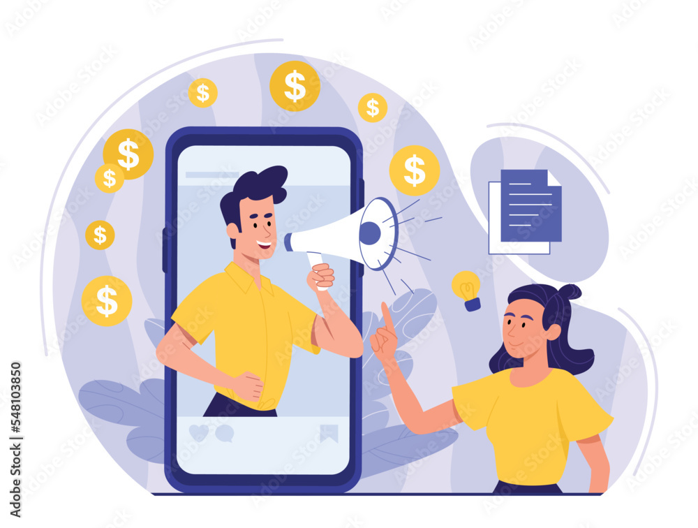 Concept of recruitment. Man and young girl near smartphone with loudspeaker. Promotion on Internet and social networks. HR manager and employer, staff expansion. Cartoon flat vector illustration Concept of recruitment. Man and young girl near smartphone with loudspeaker. Promotion on Internet and social networks. HR manager and employer, staff expansion. Cartoon flat vector illustration