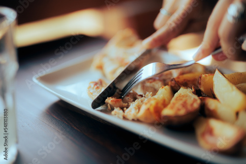 Person Using a Fork and Knife in a Restaurant. Delicious dish served in a diner with meat and garnish 
