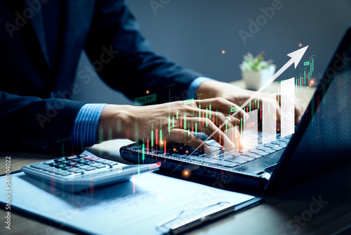 Businessman analyzing financial data charts trading forex stock market, Funds and Digital Assets Technology, finance, business and investment concept. business finance background photo