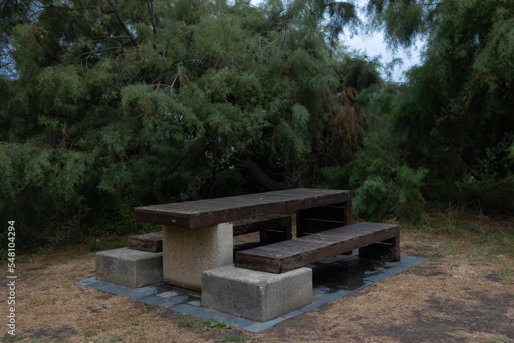 A place for tourists to relax and have a picnic. Benches table around trees without people. A place for tourists to relax and have a picnic. Benches table around trees without people.