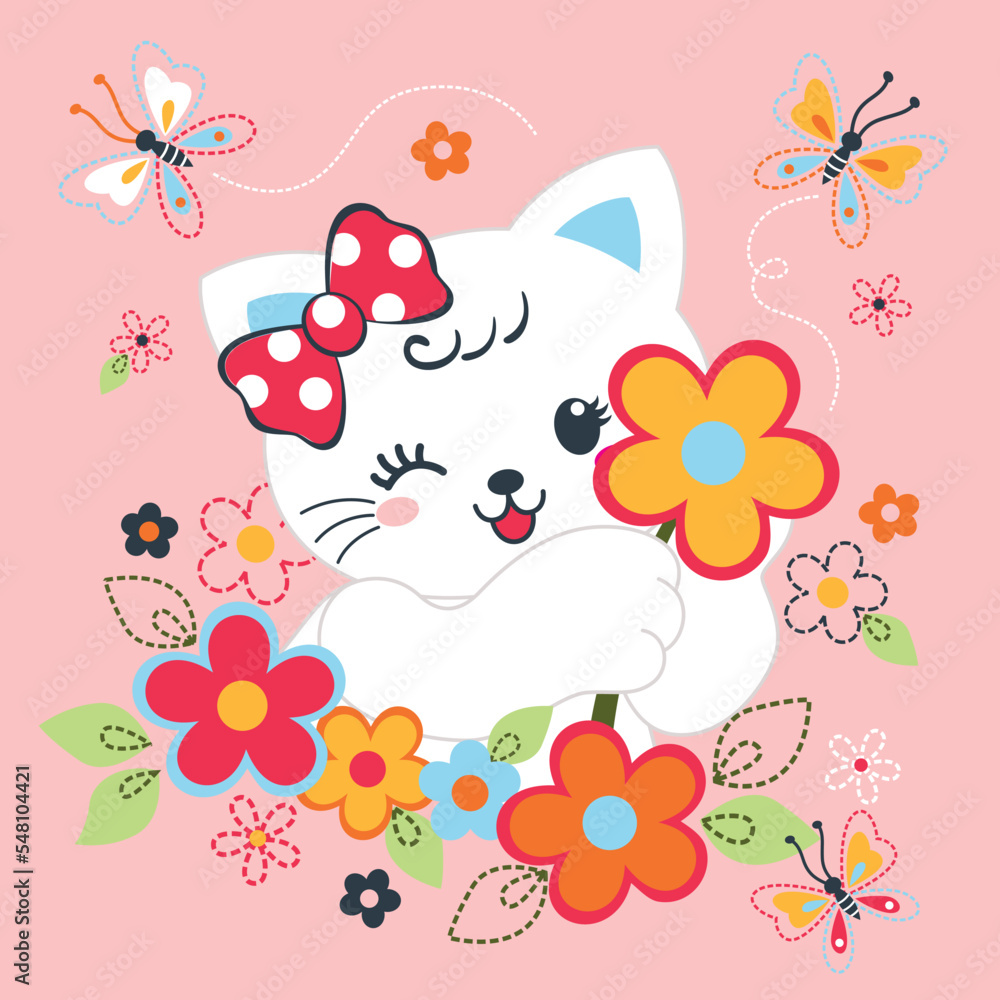 cute cat on beautiful flower vector background