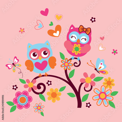 cute owl with beautiful flower vector background