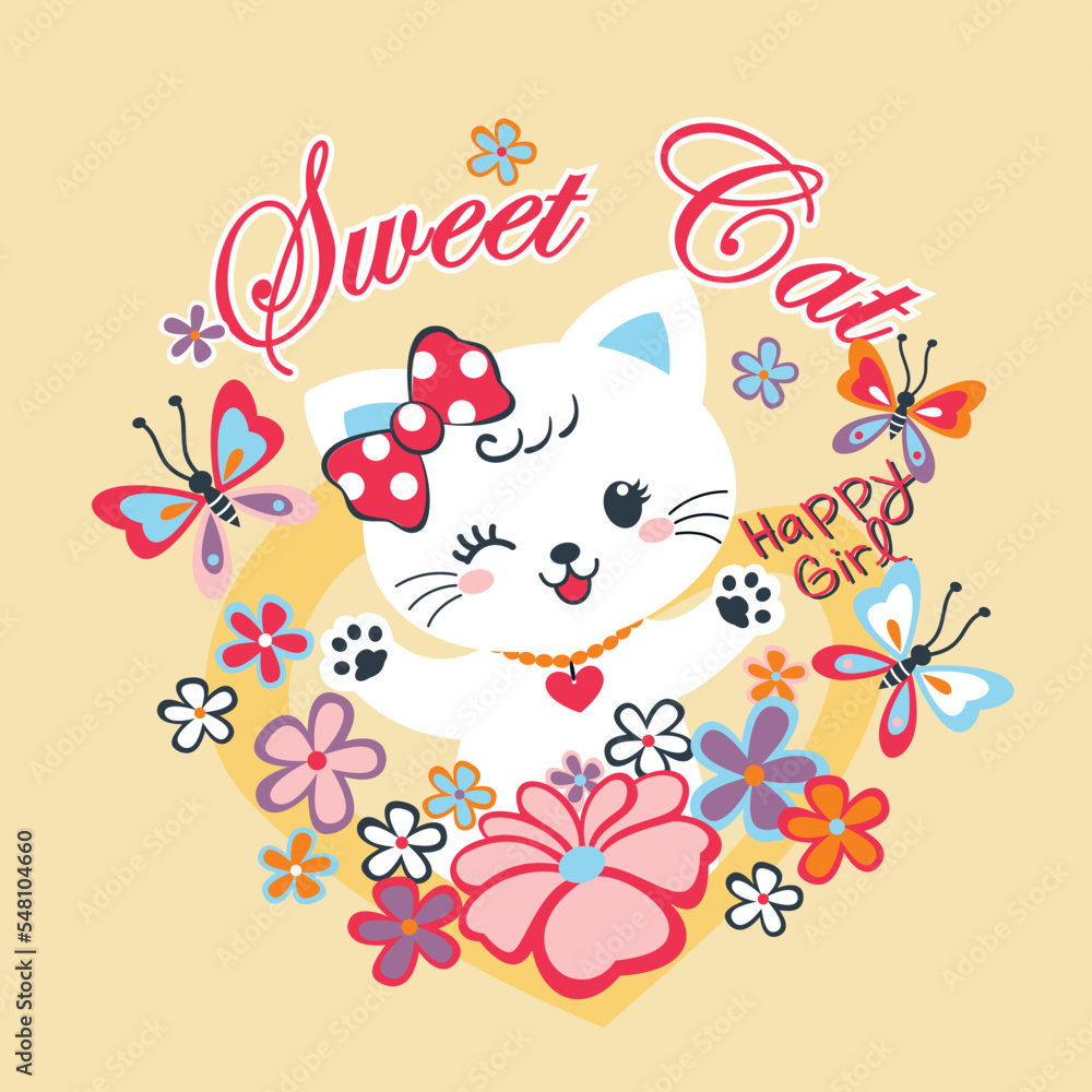 Obraz premium cute cat on beautiful flower vector background