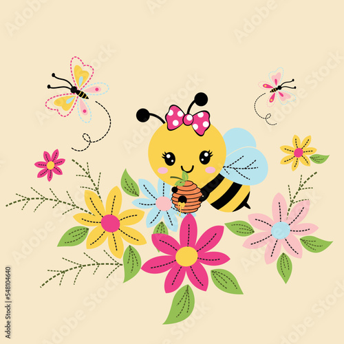 Beautiful flower and cartoon bee on vector illustration. Cute cartoon character.