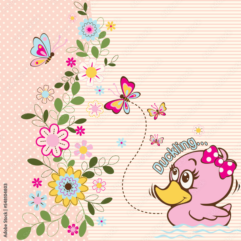 cute duck with beautiful flower and butterfly vector