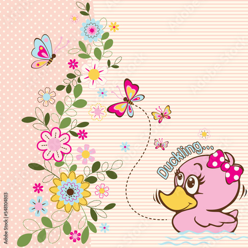 cute duck with beautiful flower and butterfly vector