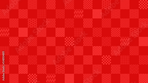 色々な和柄の赤い市松模様の横長背景