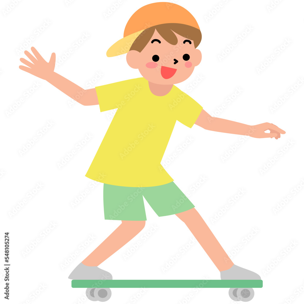 スケートボードに乗る笑顔の男の子