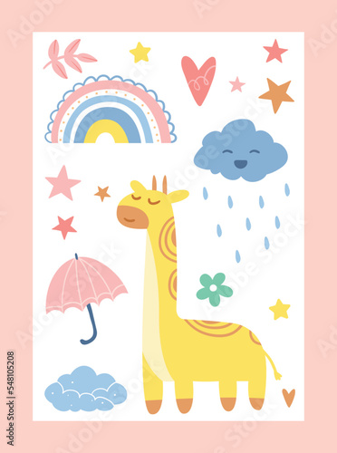 Baby cover concept. Invitation and greeting postcard design with animals and plants. Rainbow  umbrella and giraffe. Imagination  dream and fantasy  tenderness. Cartoon flat vector illustration