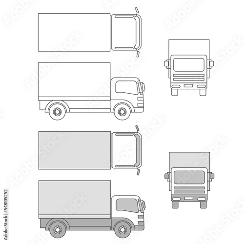 トラックのイラスト、側面、前面、俯瞰（線画）