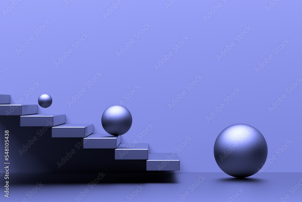 Balls and steps. Metallic balloons roll down the steps. Minimalistic concept of balls and stairs. 3D render. Balls and steps. Metallic balloons roll down the steps. Minimalistic concept of balls and stairs. 3D render.