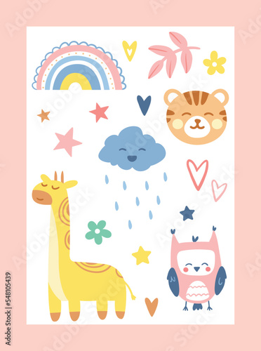 Baby cover concept. Giraffe and kitten in rain, charming characters. Mascot or toy for children, drawings in minimalist style. Tenderness, dream and fantasy. Cartoon flat vector illustration