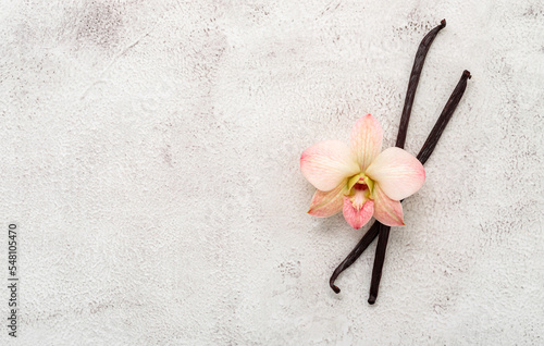 Dried vanilla sticks and orchid flower set up on white concrete background.