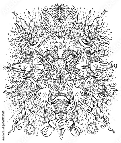Mystic vector illustration with goat skull, scary hands, occult, esoteric and gothic symbols, black and white coloring page