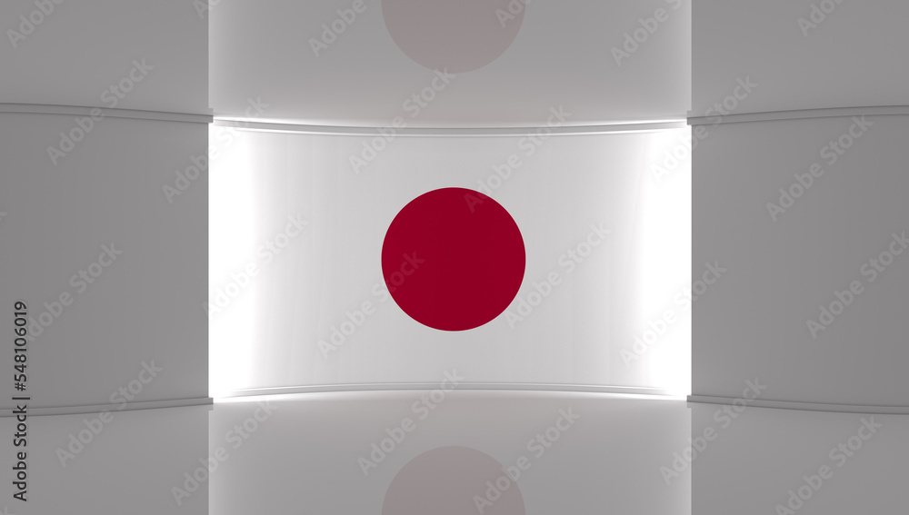 TV studio. Japan. Japanese flag studio. Japanese flag background. News studio. The perfect backdrop for any green screen or chroma key video or photo production. 3d render. 3d TV studio. Japan. Japanese flag studio. Japanese flag background. News studio. The perfect backdrop for any green screen or chroma key video or photo production. 3d render. 3d