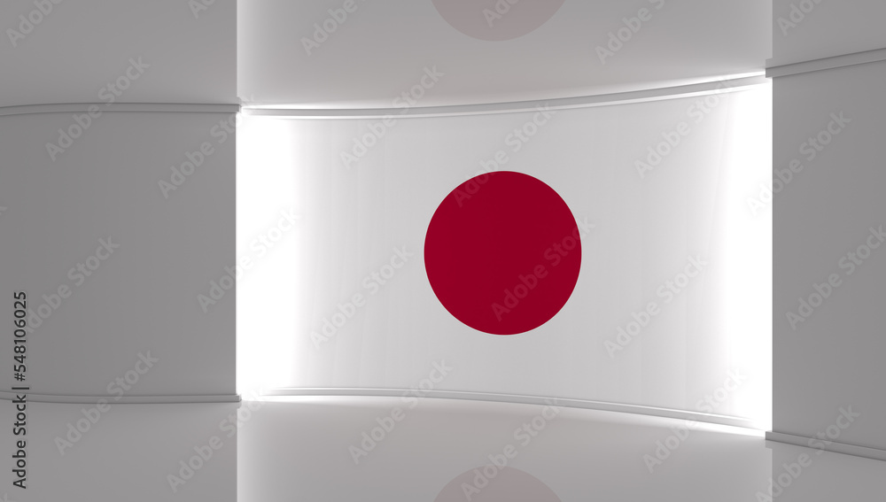 TV studio. Japan. Japanese flag studio. Japanese flag background. News studio. The perfect backdrop for any green screen or chroma key video or photo production. 3d render. 3d TV studio. Japan. Japanese flag studio. Japanese flag background. News studio. The perfect backdrop for any green screen or chroma key video or photo production. 3d render. 3d