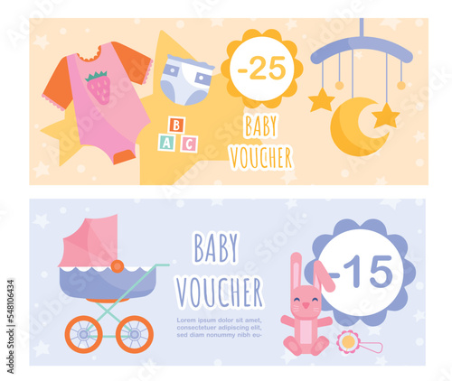 Baby goods voucher set. Collection of gift certificates. Ads and marketing, discounts and promotions, special offer and loyality. Cartoon flat vector illustrations isolated on white background